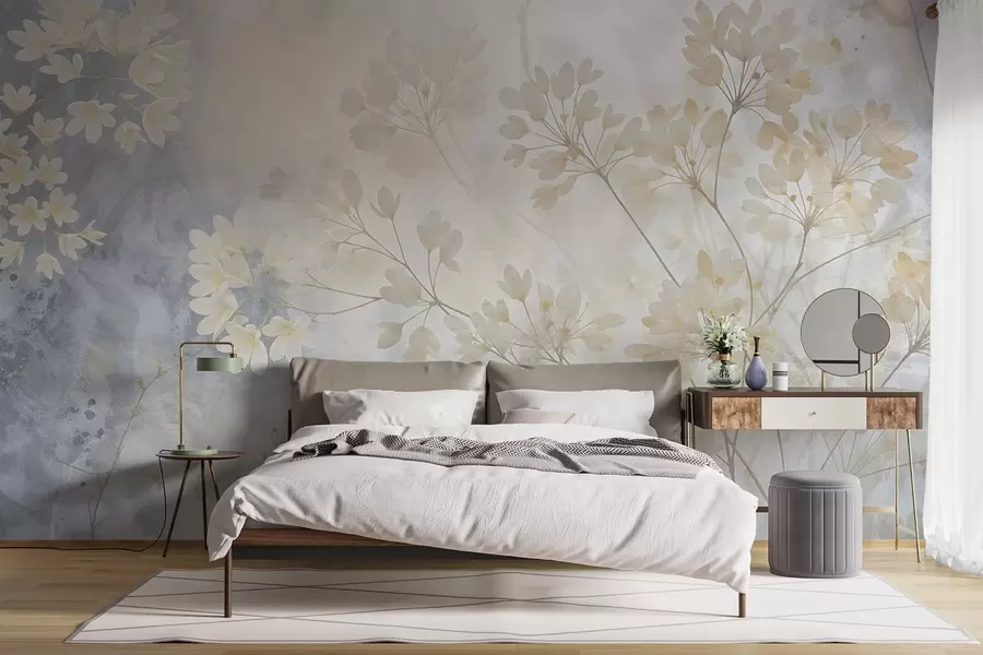 wall murals Нежна апстрактна пастелна штампа белог цвећа на замућеној позадини, мека и етерична w08408