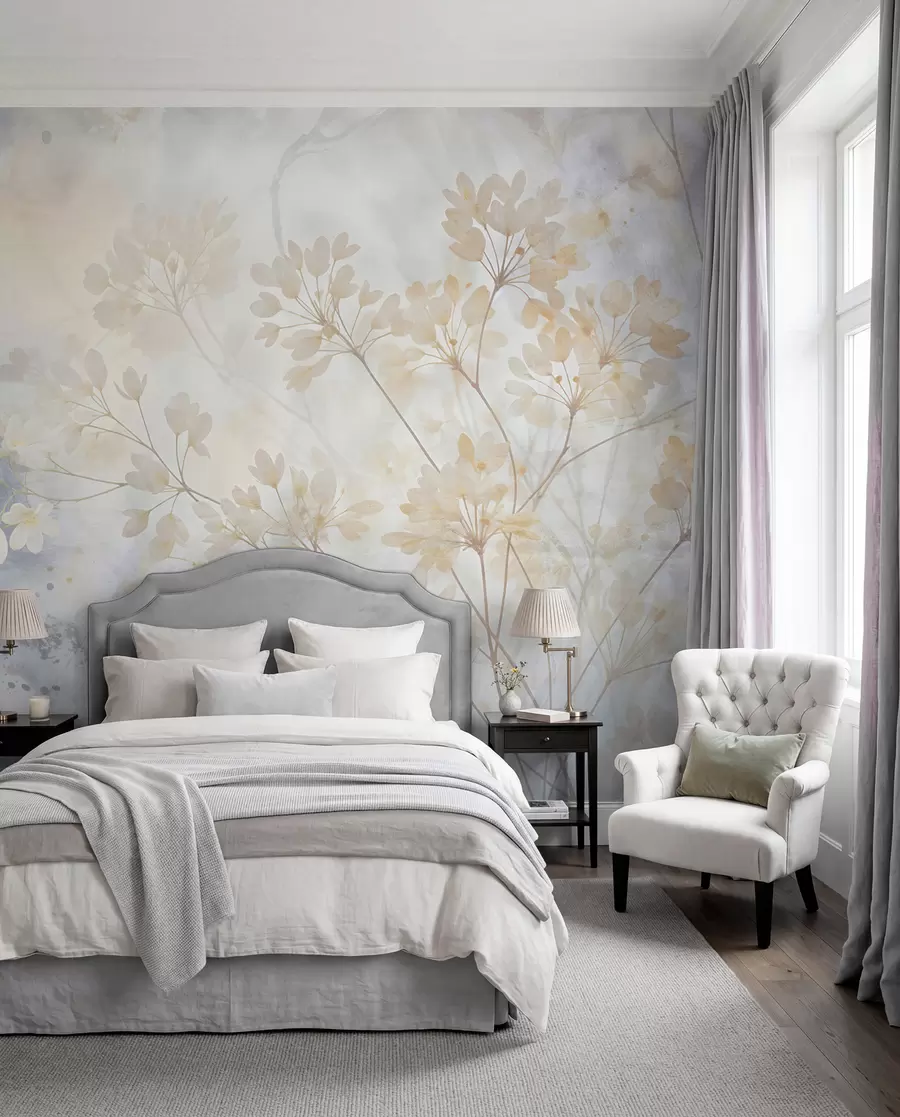 wall murals Нежна апстрактна пастелна штампа белог цвећа на замућеној позадини, мека и етерична w08408
