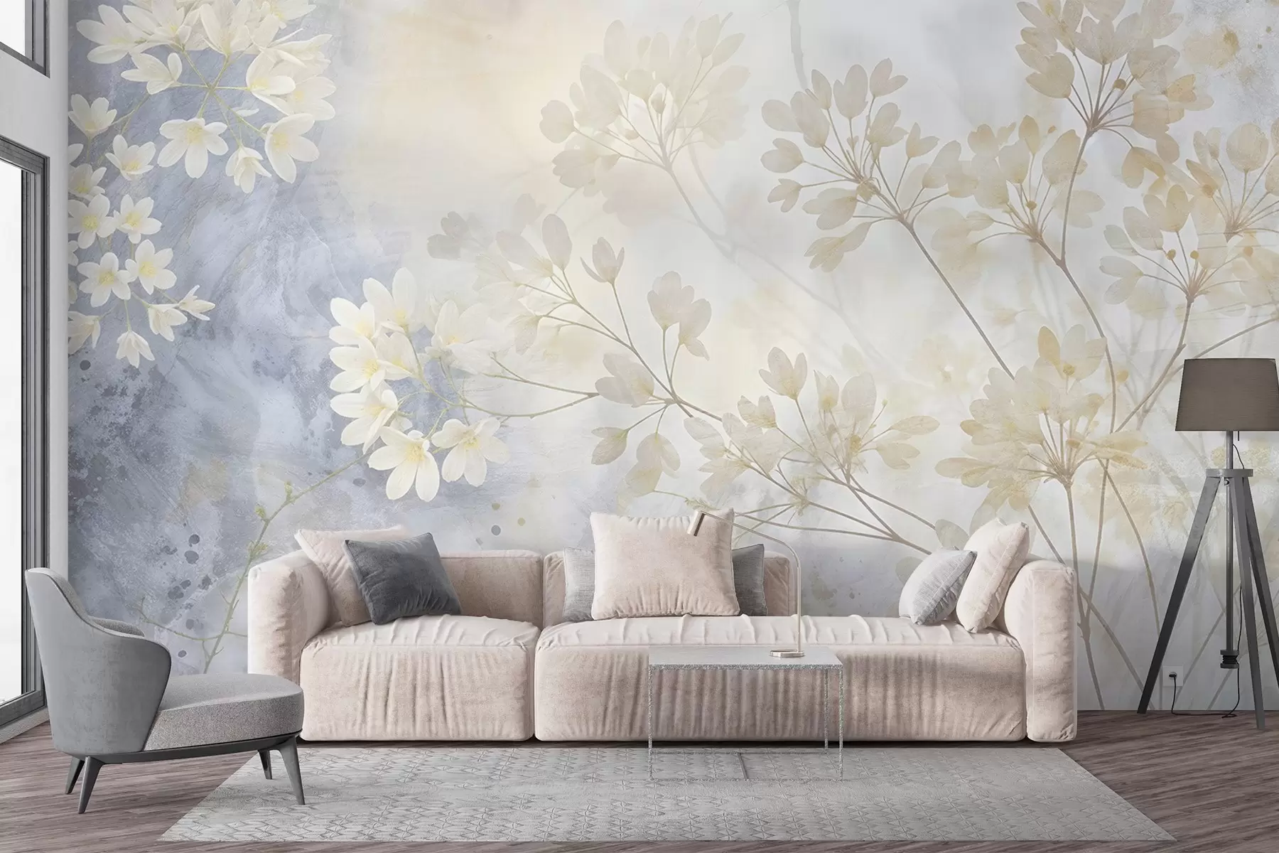 wall murals Нежна апстрактна пастелна штампа белог цвећа на замућеној позадини, мека и етерична w08408