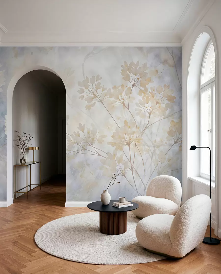 wall murals Нежна апстрактна пастелна штампа белог цвећа на замућеној позадини, мека и етерична w08408