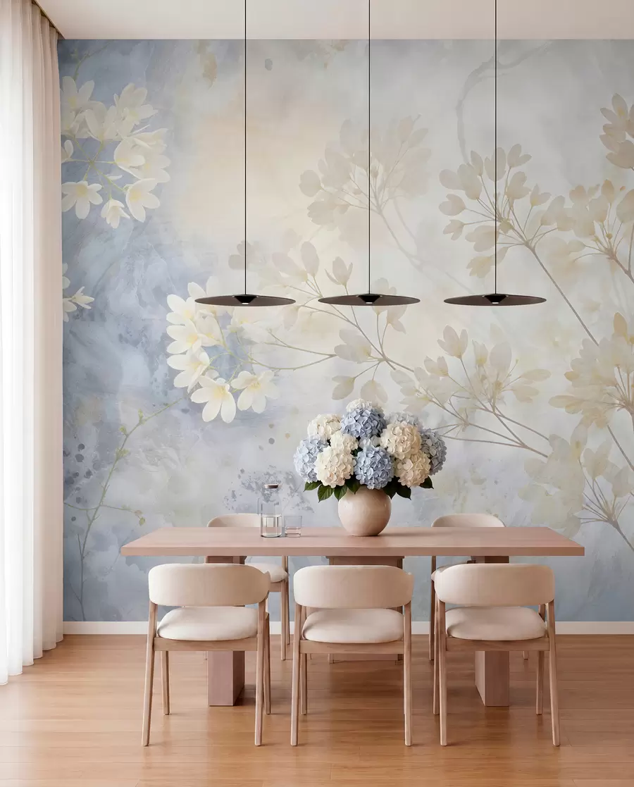 wall murals Нежна апстрактна пастелна штампа белог цвећа на замућеној позадини, мека и етерична w08408