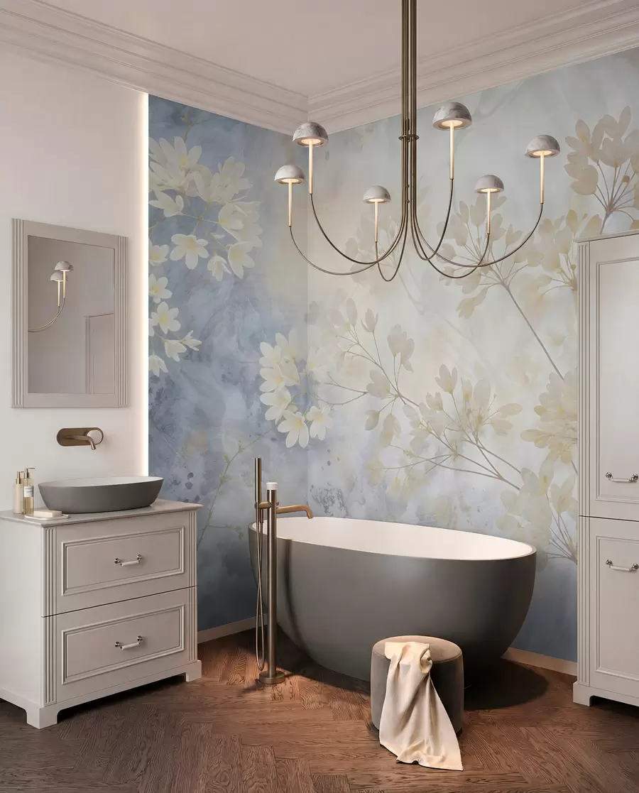 wall murals Нежна апстрактна пастелна штампа белог цвећа на замућеној позадини, мека и етерична w08408
