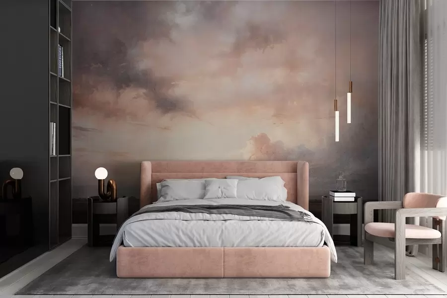 wall murals Драматични пејзаж са текстуром отиска облачног неба изнад мирног језера на заласку сунца, са брдима видљивим у даљини w08409