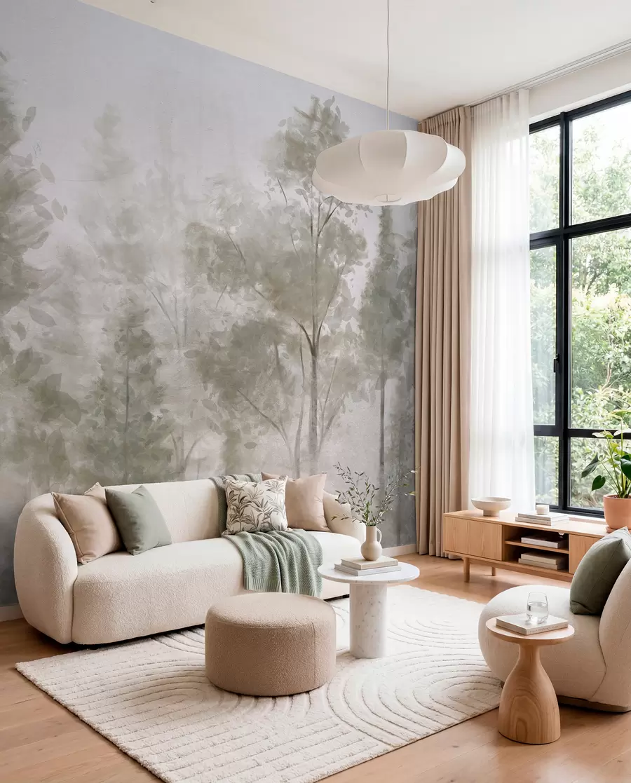 wall murals Високи текстурирани борови у магловитој шуми, са магловитом, магловитом атмосфером w08411