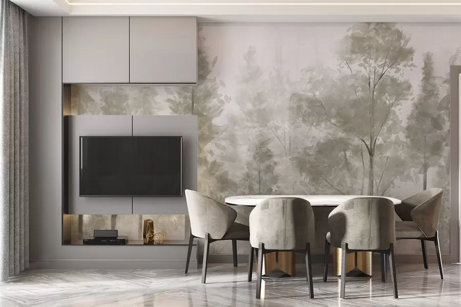 wall murals Високи текстурирани борови у магловитој шуми, са магловитом, магловитом атмосфером w08411