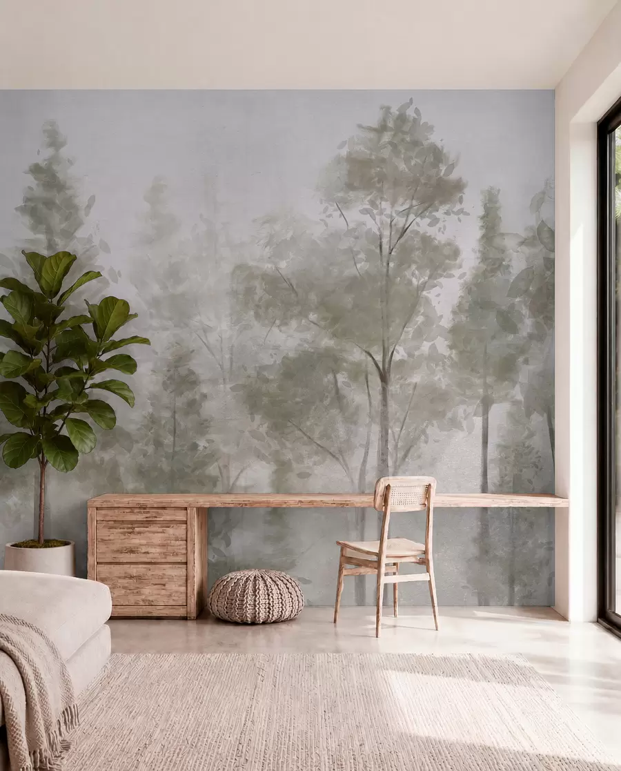 wall murals Високи текстурирани борови у магловитој шуми, са магловитом, магловитом атмосфером w08411