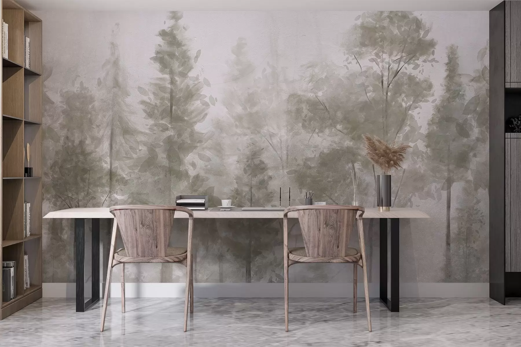 wall murals Високи текстурирани борови у магловитој шуми, са магловитом, магловитом атмосфером w08411