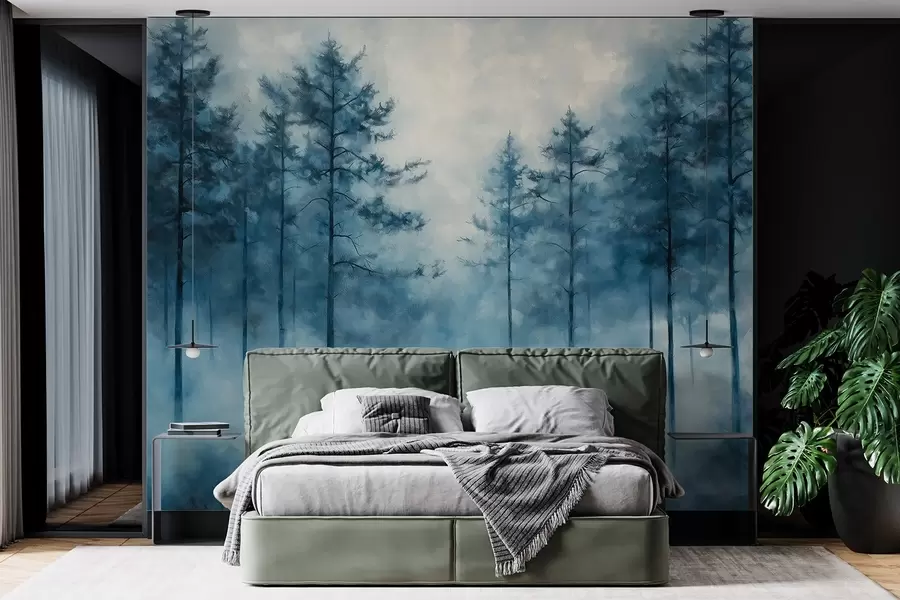 wall murals Мистична шума, борови, магла, акрилне боје, дубоке плаве боје w02149