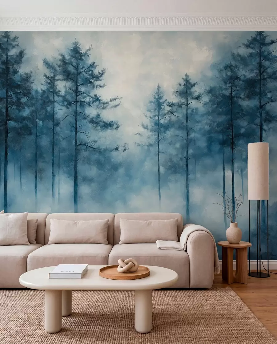 wall murals Мистична шума, борови, магла, акрилне боје, дубоке плаве боје w02149