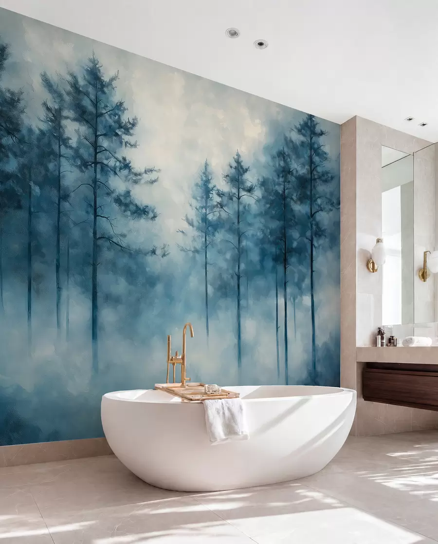 wall murals Мистична шума, борови, магла, акрилне боје, дубоке плаве боје w02149