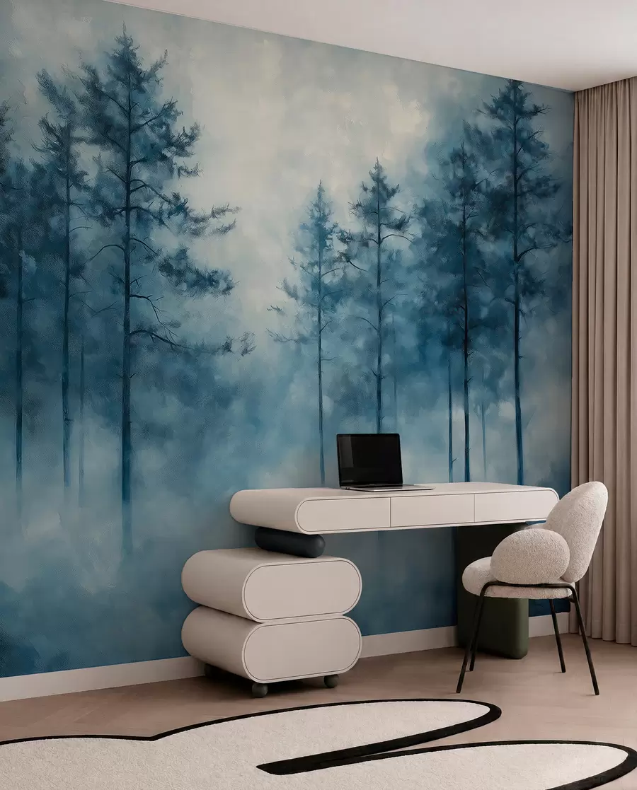 wall murals Мистична шума, борови, магла, акрилне боје, дубоке плаве боје w02149