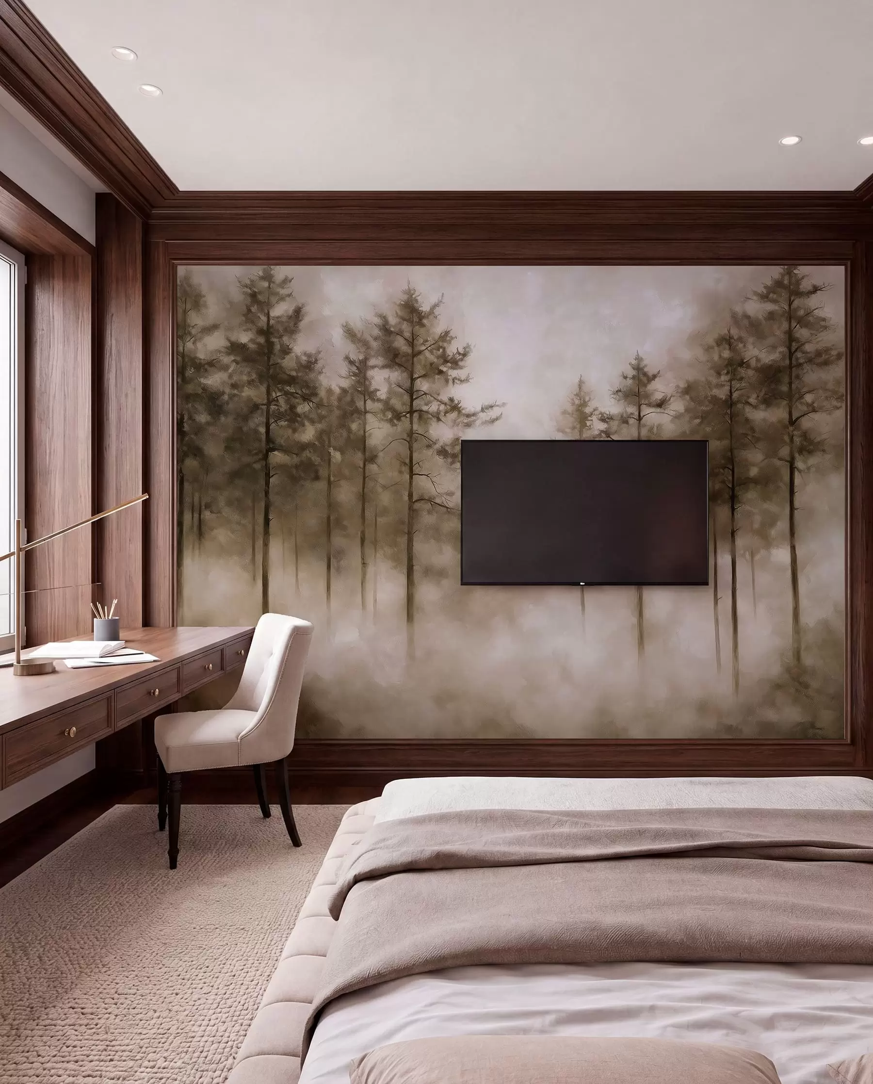wall murals Мистична шума, борови, магла, акрилне боје, беж боје w02149v1