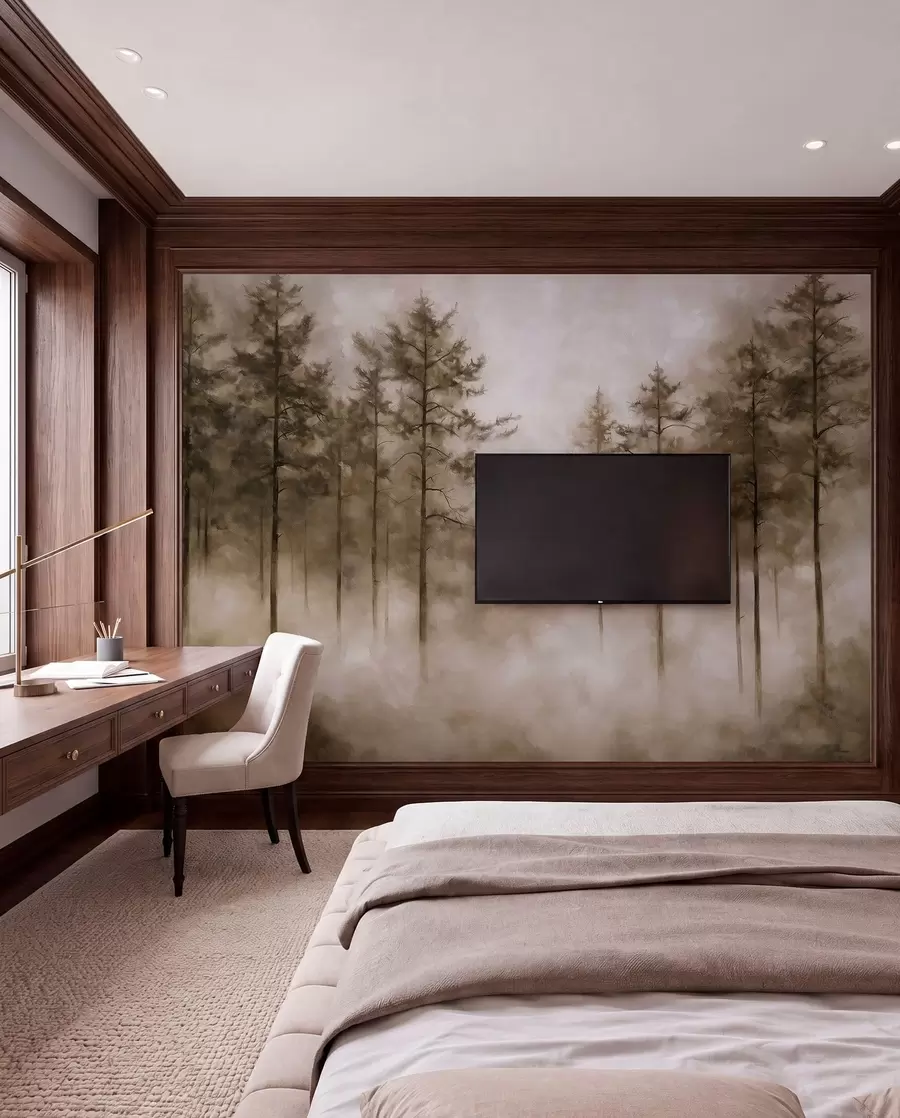 wall murals Мистична шума, борови, магла, акрилне боје, беж боје w02149v1