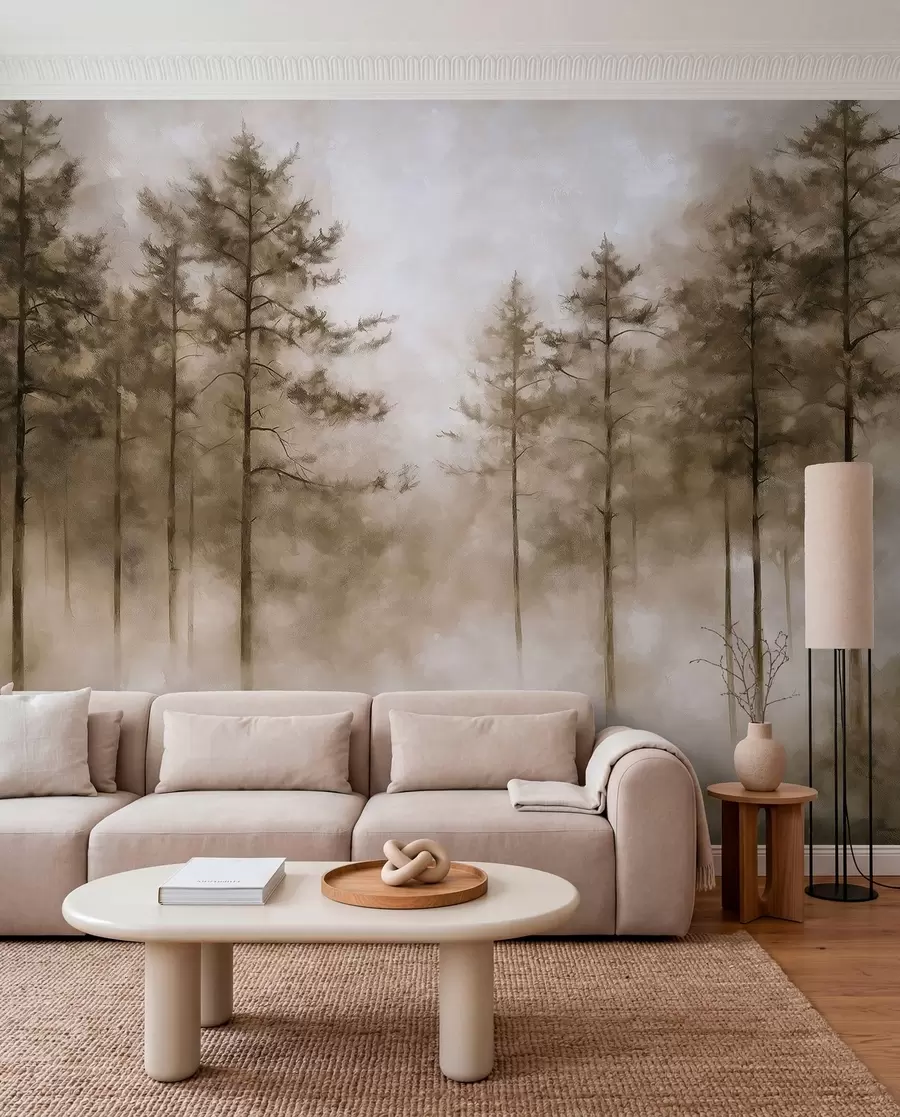 wall murals Мистична шума, борови, магла, акрилне боје, беж боје w02149v1