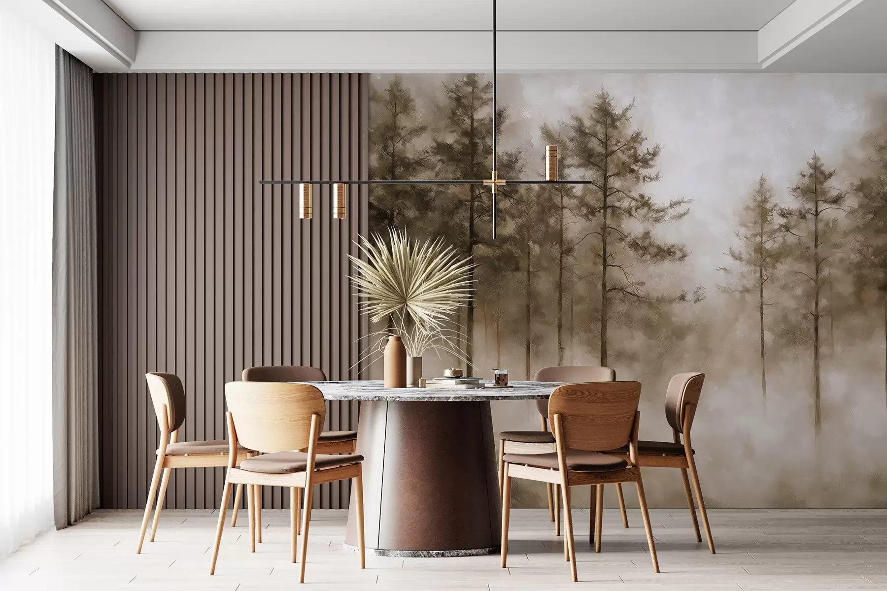 wall murals Мистична шума, борови, магла, акрилне боје, беж боје w02149v1