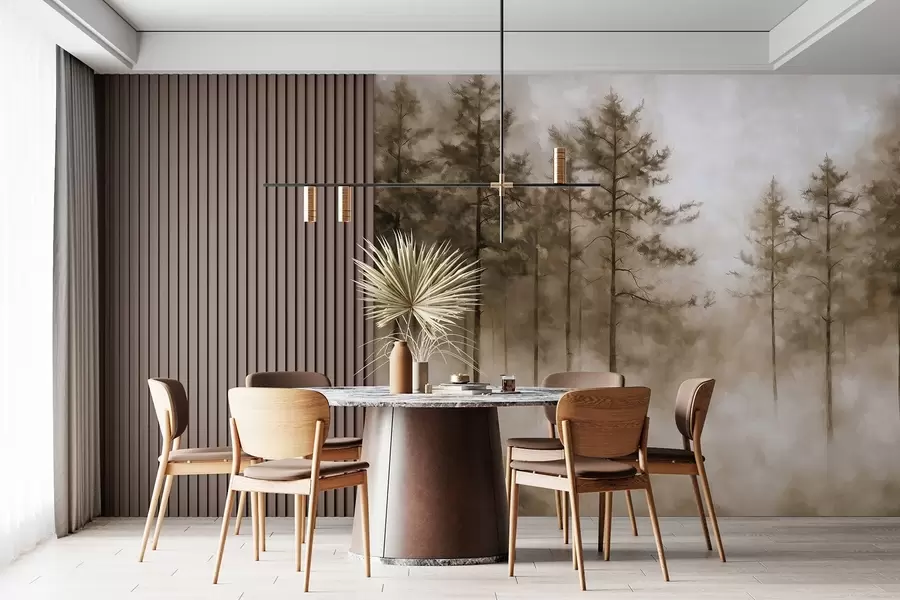 wall murals Мистична шума, борови, магла, акрилне боје, беж боје w02149v1