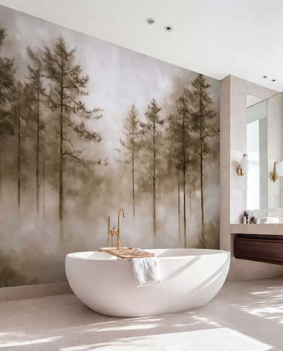 wall murals Мистична шума, борови, магла, акрилне боје, беж боје w02149v1