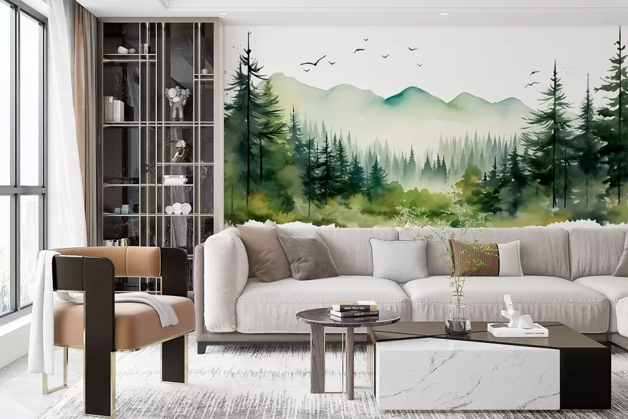 wall murals Акварел шумски и планински пејзажи, зелена палета боја w02150