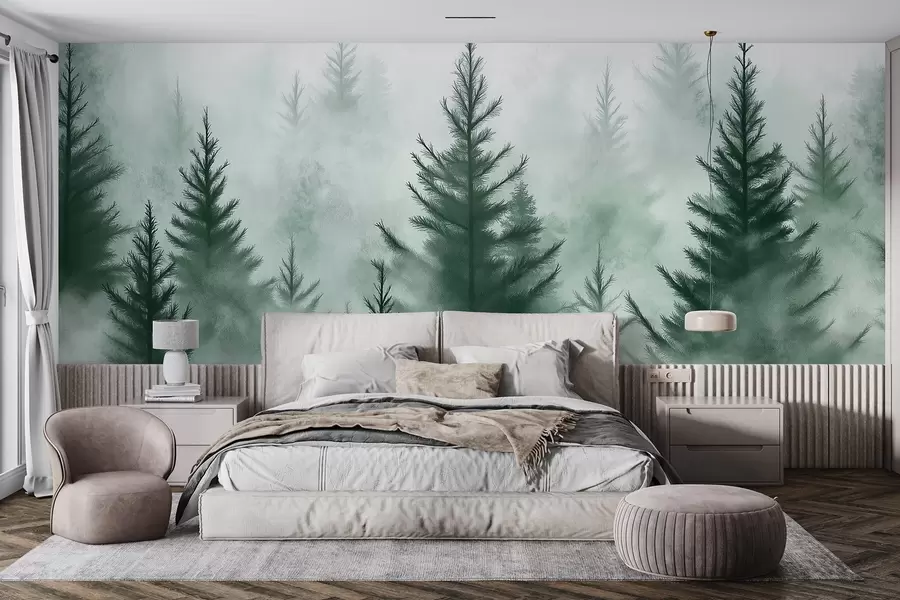 wall murals Шума у магли, борови, акварел, зелене боје w02152v1