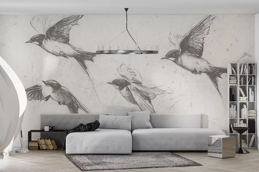 wall murals Птице које лете, цртеж тушем, минимализам, сиве боје w02155