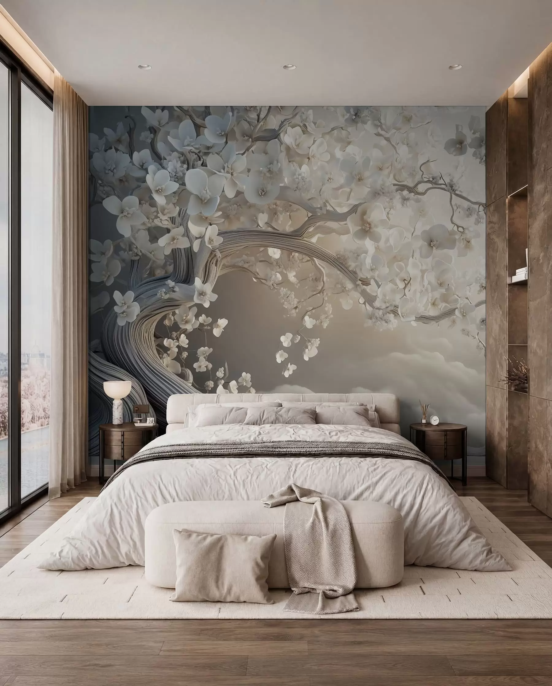 wall murals Шармантно дрво са белим цветовима на позадини облака у занимљивом стилу у деликатним топлим бојама w02133