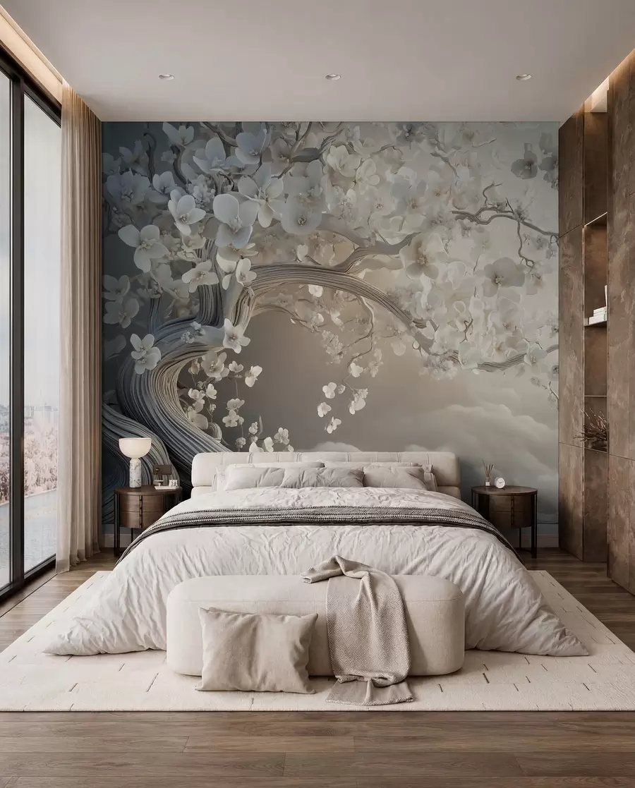 wall murals Шармантно дрво са белим цветовима на позадини облака у занимљивом стилу у деликатним топлим бојама w02133