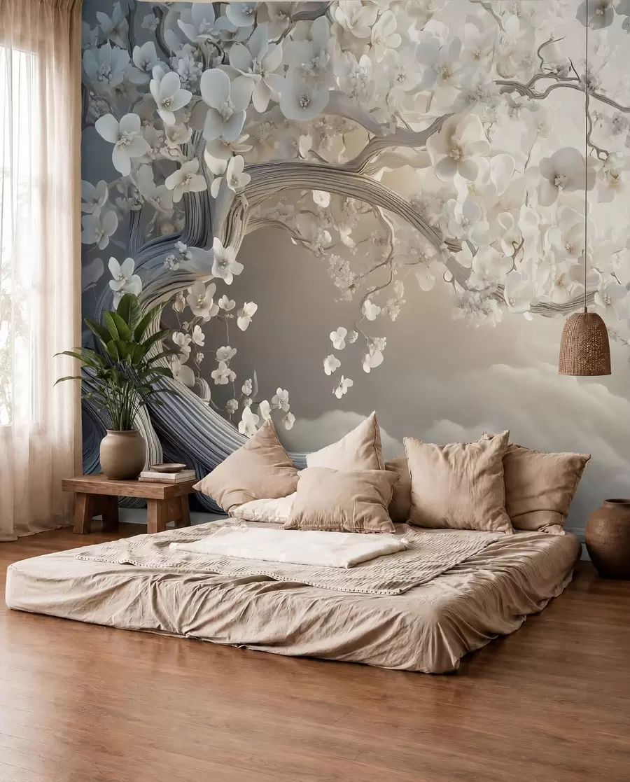 wall murals Шармантно дрво са белим цветовима на позадини облака у занимљивом стилу у деликатним топлим бојама w02133
