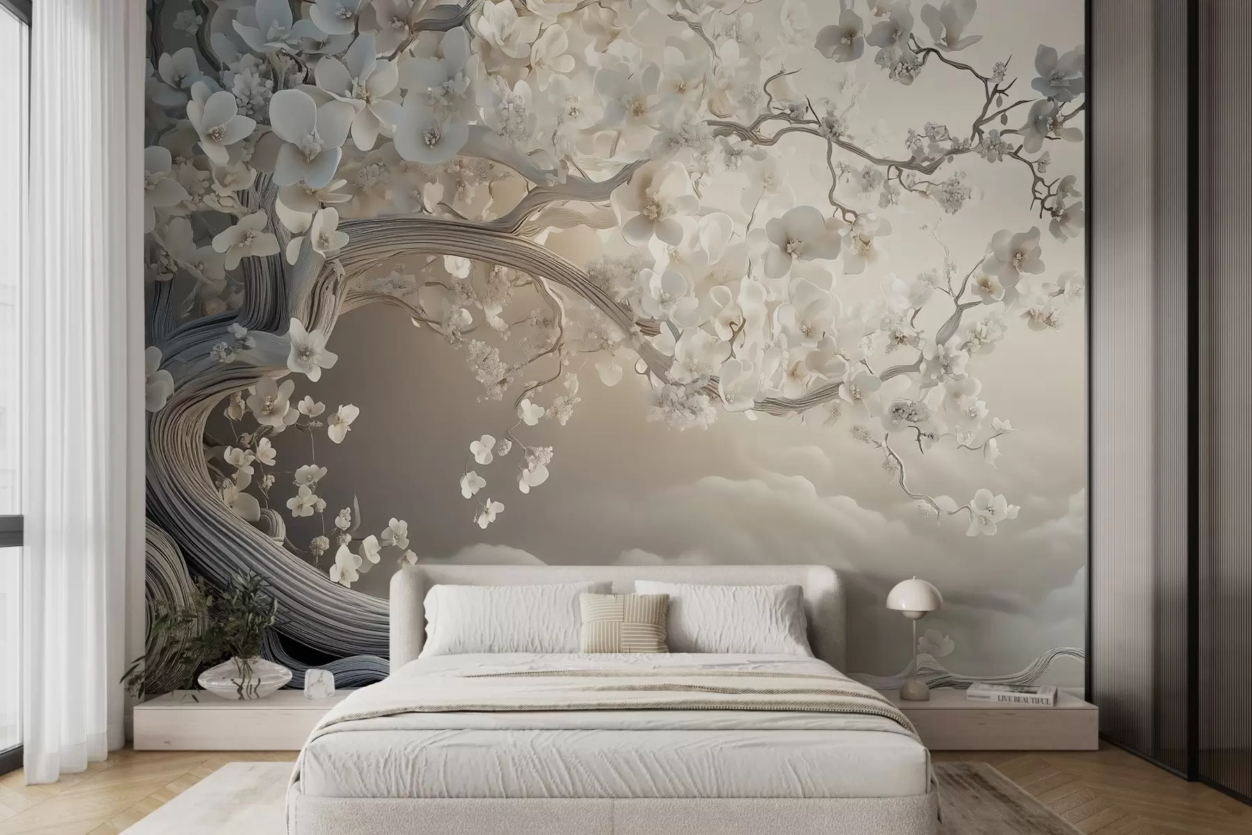 wall murals Шармантно дрво са белим цветовима на позадини облака у занимљивом стилу у деликатним топлим бојама w02133