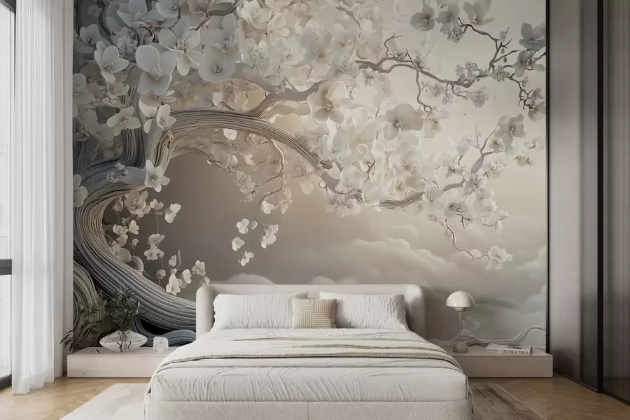 wall murals Шармантно дрво са белим цветовима на позадини облака у занимљивом стилу у деликатним топлим бојама w02133