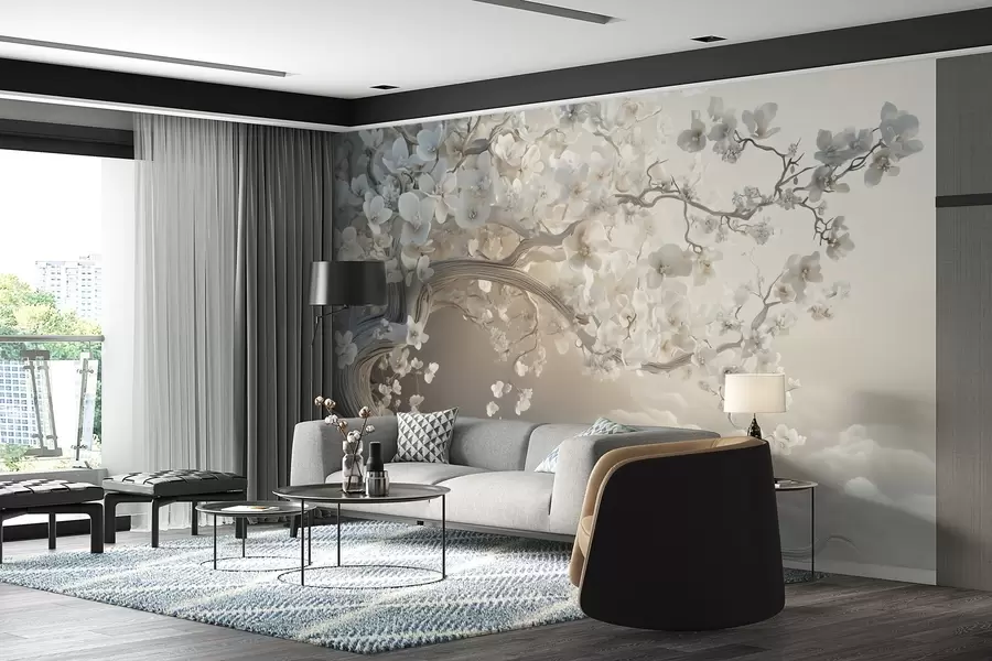 wall murals Шармантно дрво са белим цветовима на позадини облака у занимљивом стилу у деликатним топлим бојама w02133
