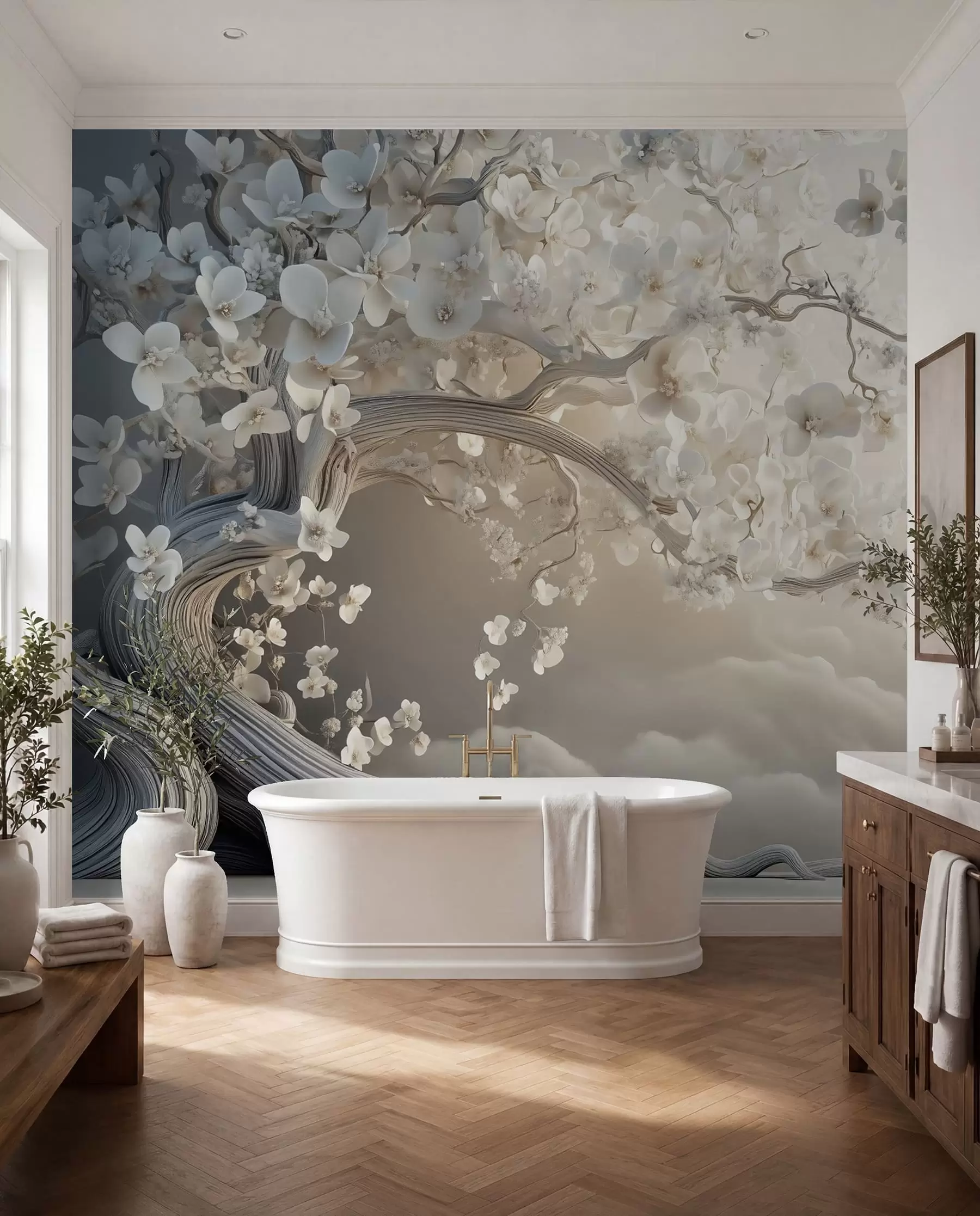 wall murals Шармантно дрво са белим цветовима на позадини облака у занимљивом стилу у деликатним топлим бојама w02133