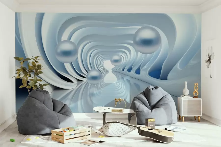 wall murals Футуристичке позадине са панорамом тунела у перспективи и летећим бисерима w02134