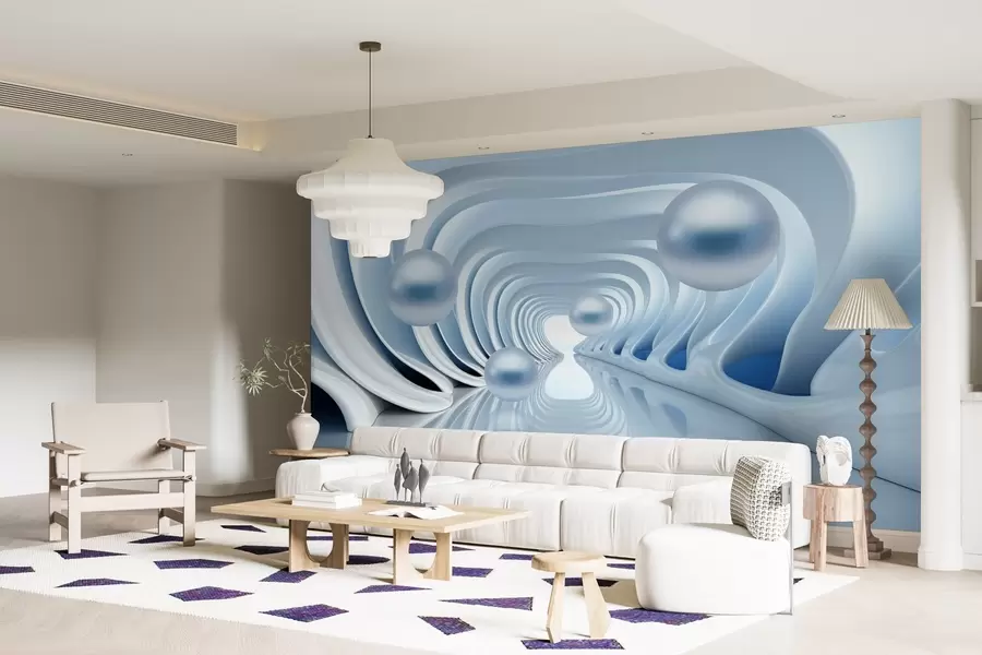 wall murals Футуристичке позадине са панорамом тунела у перспективи и летећим бисерима w02134