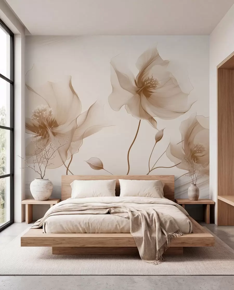 wall murals Три грациозна цвета са прозирним латицама, испреплетена тракама светлости и ветра у беж тоновима w01932