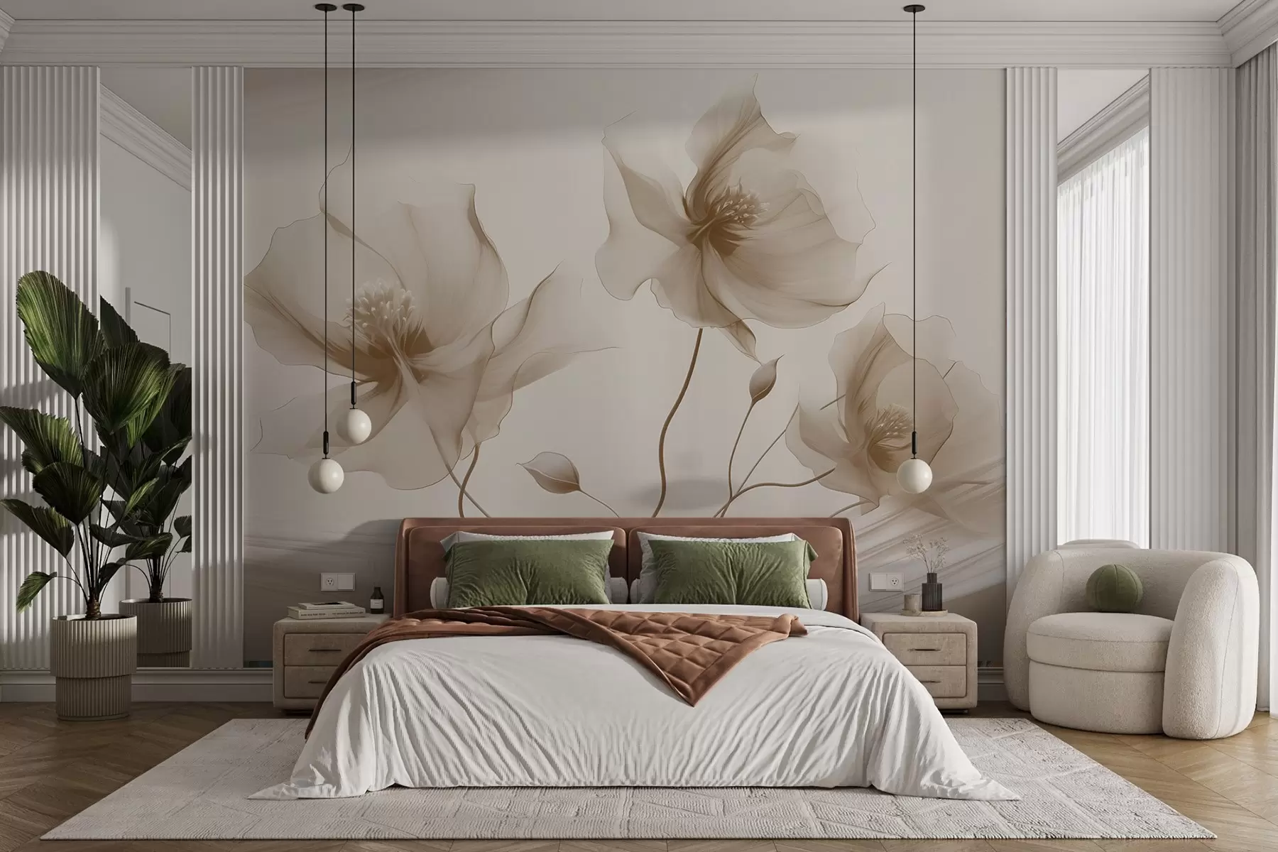wall murals Три грациозна цвета са прозирним латицама, испреплетена тракама светлости и ветра у беж тоновима w01932