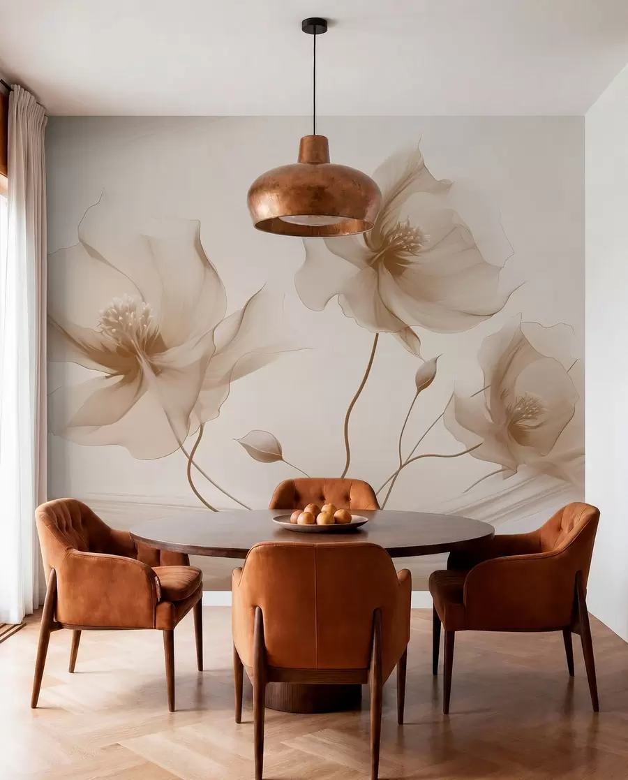 wall murals Три грациозна цвета са прозирним латицама, испреплетена тракама светлости и ветра у беж тоновима w01932