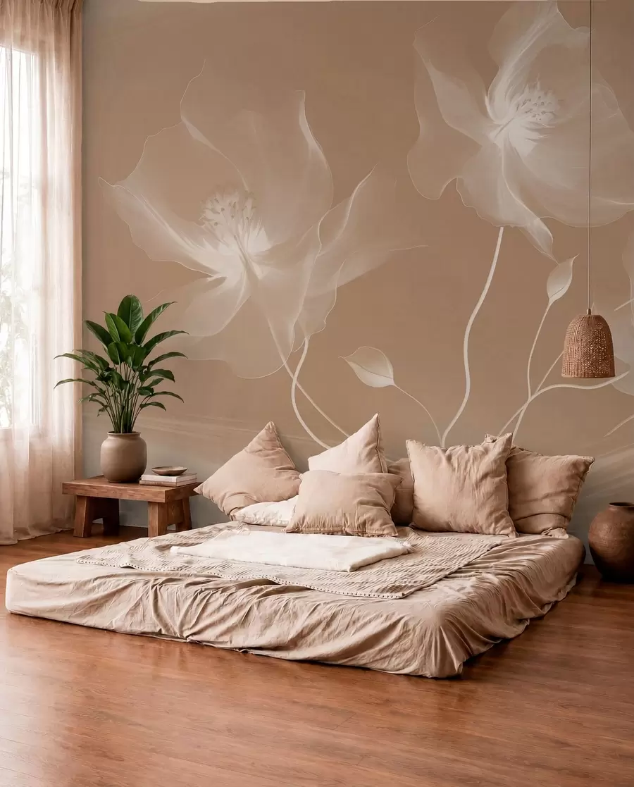 wall murals Три грациозна цвета са провидним латицама, испреплетена тракама светлости и ветра у сепији w01932v1