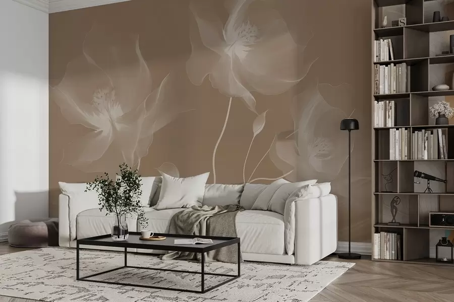 wall murals Три грациозна цвета са провидним латицама, испреплетена тракама светлости и ветра у сепији w01932v1
