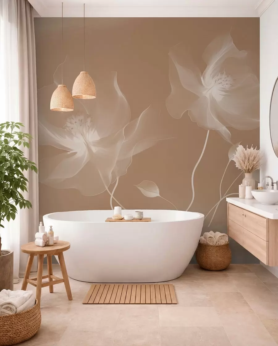 wall murals Три грациозна цвета са провидним латицама, испреплетена тракама светлости и ветра у сепији w01932v1