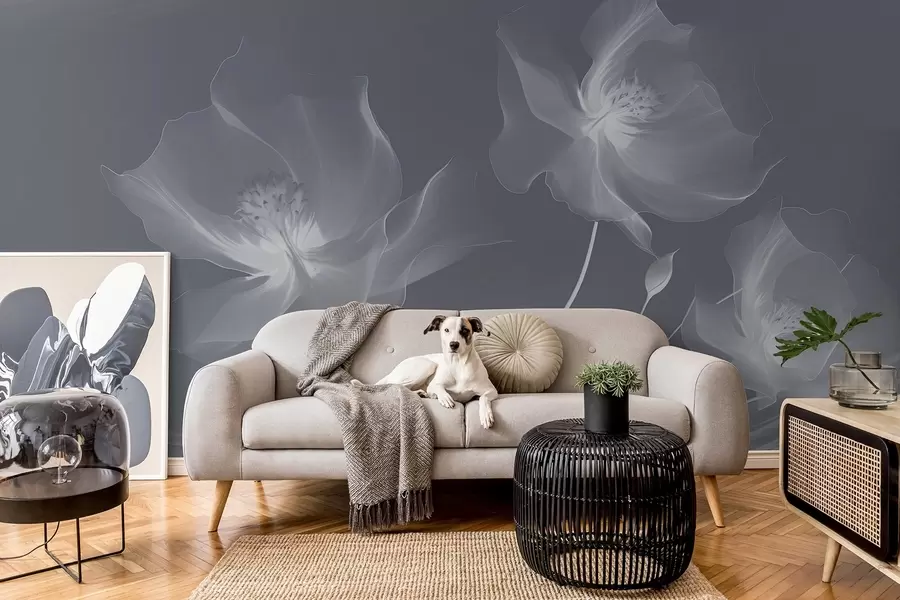 wall murals Три грациозна цвета са провидним латицама, испреплетена тракама светлости и ветра у плавим тоновима w01932v2