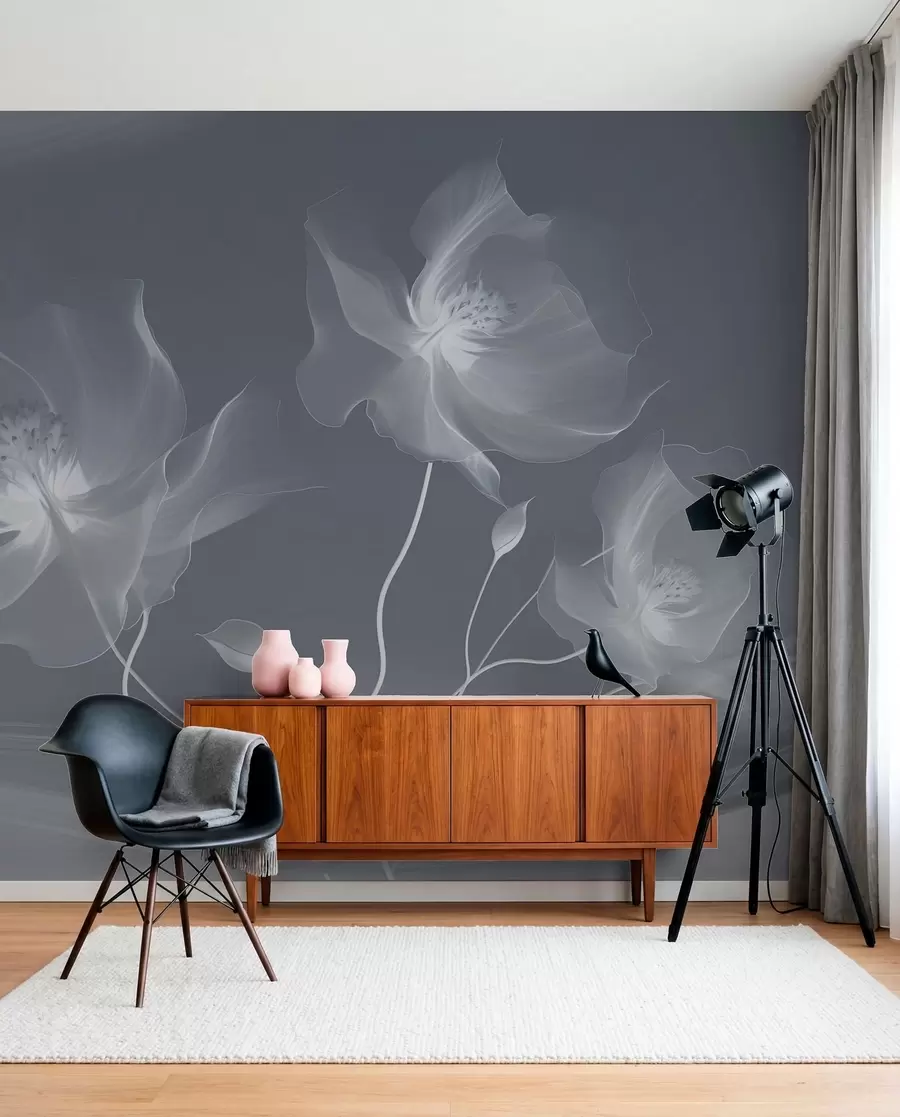 wall murals Три грациозна цвета са провидним латицама, испреплетена тракама светлости и ветра у плавим тоновима w01932v2