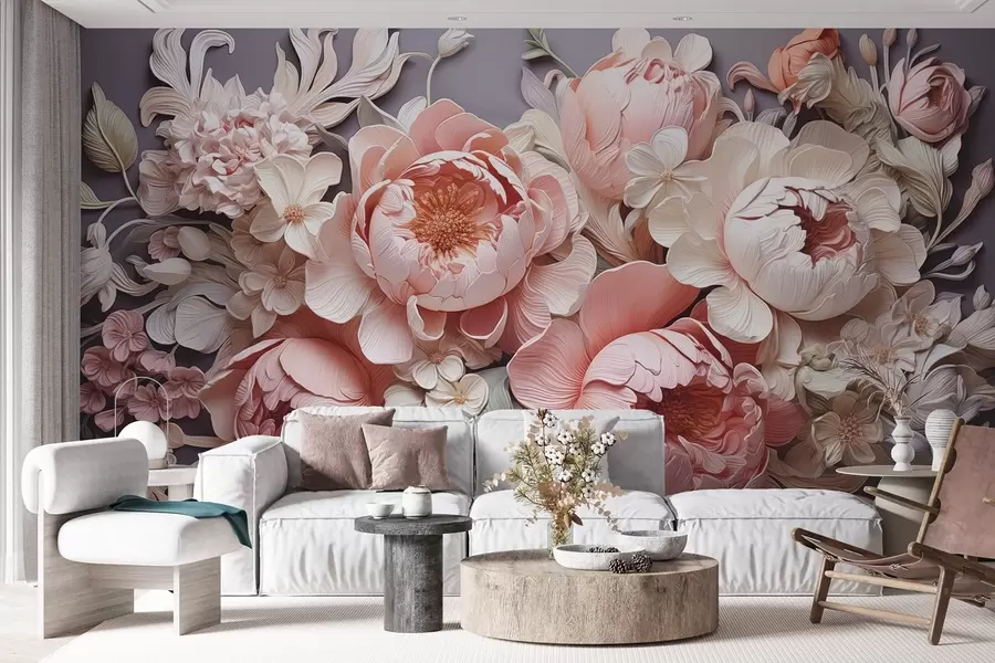 wall murals Цветни аранжман розе-беж божура и ружа у рококо стилу у светлим бојама w01933v1