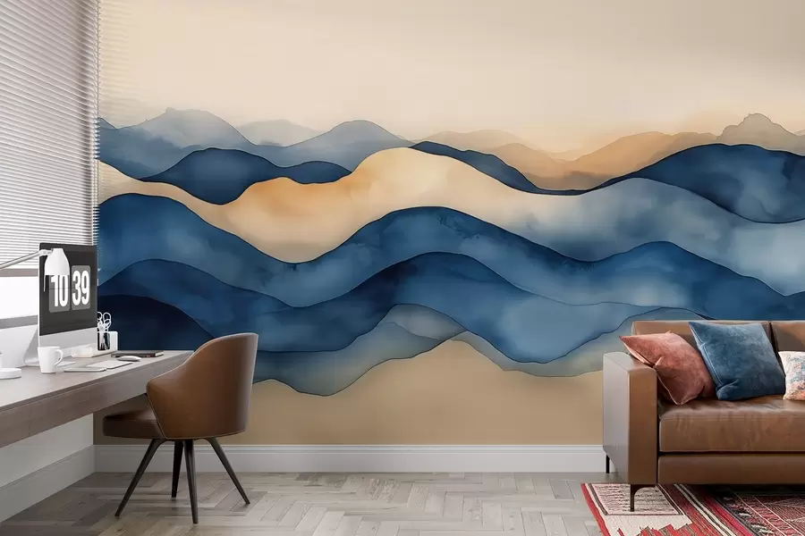 wall murals Апстрактни плаво-беж таласи који подсећају на планине w02196