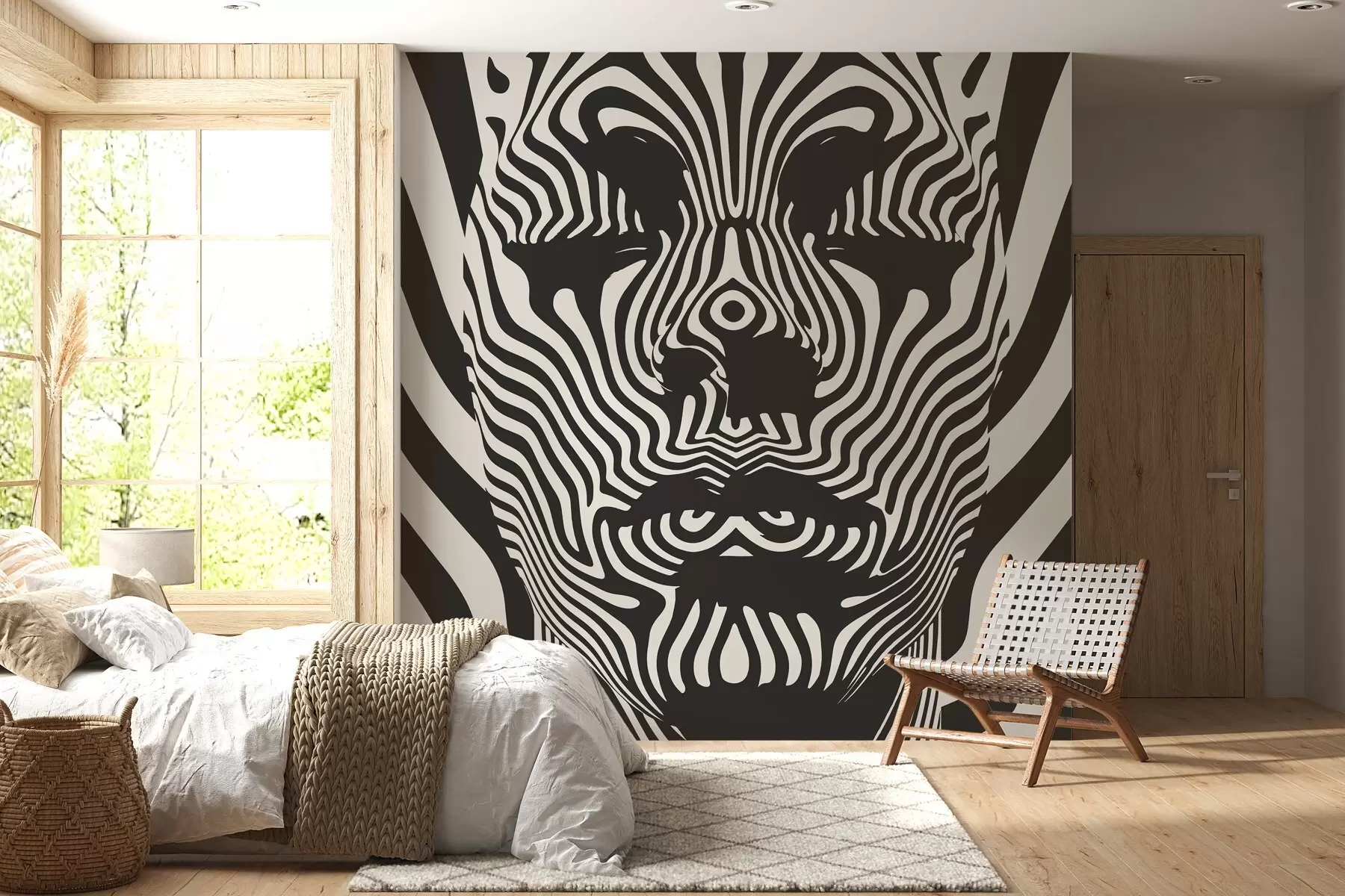 wall murals Решетка у оп арт стилу са апстрактним лицем, таласастим линијама на светлој позадини w02285