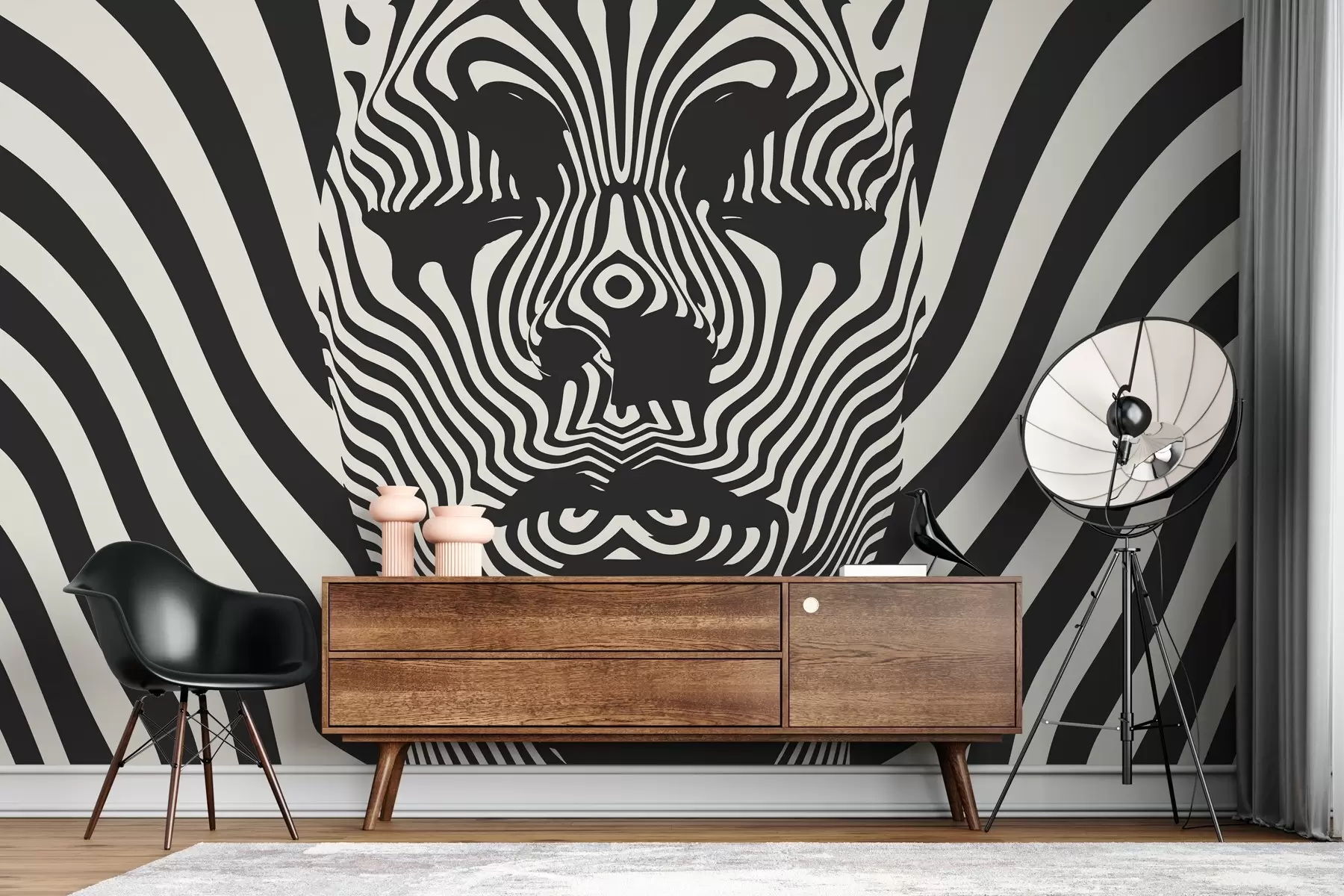 wall murals Решетка у оп арт стилу са апстрактним лицем, таласастим линијама на светлој позадини w02285