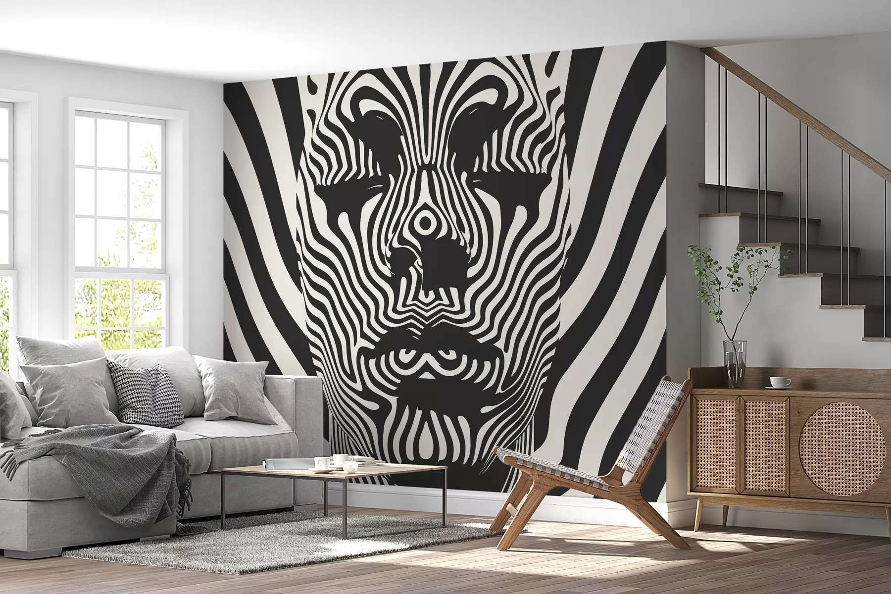 wall murals Решетка у оп арт стилу са апстрактним лицем, таласастим линијама на светлој позадини w02285