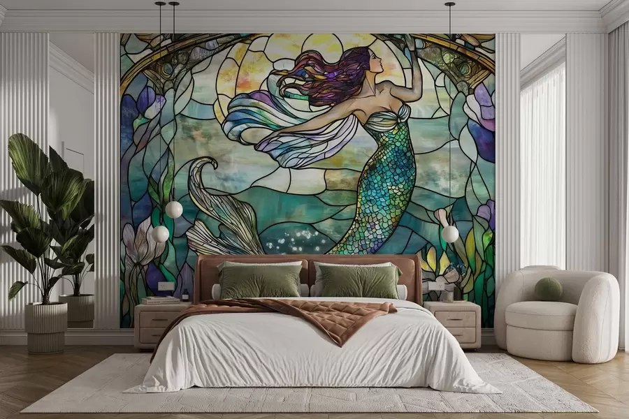 wall murals Тапета у стилу витража са ликом магичне сирене w02286