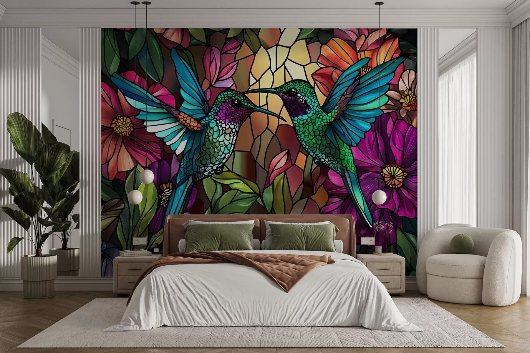 wall murals Тапета у стилу витража са ликом две калибарске птице међу лишћем и цвећем w02287