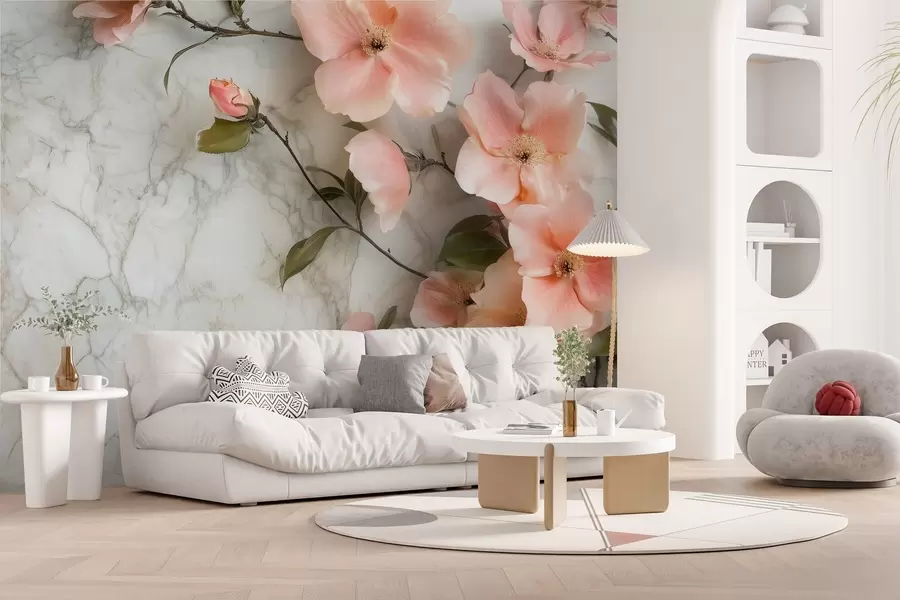 wall murals Нежно цвеће на позадини имитације мермера w02291