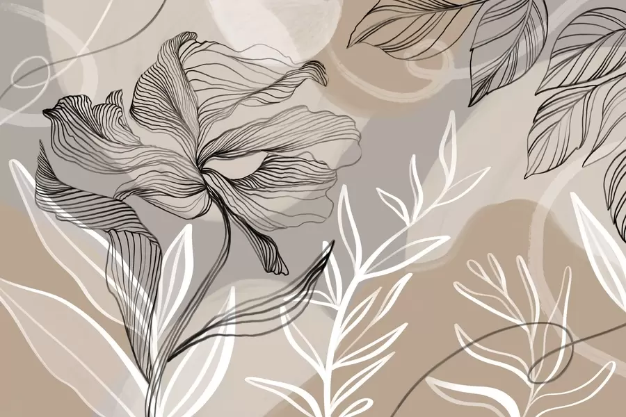 wall murals Елегантан цветни принт са великим апстрактним линијама цветова и листова у нијансама сиве и беж на светлој позадини w08413